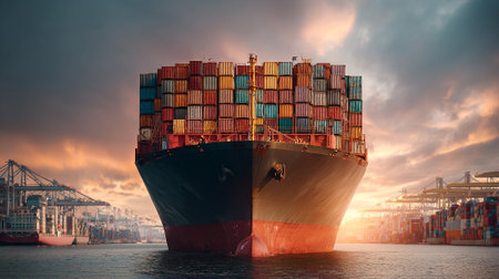 Enormous cargo vessel loaded with stacked containers arriving at port during sunset.の素材