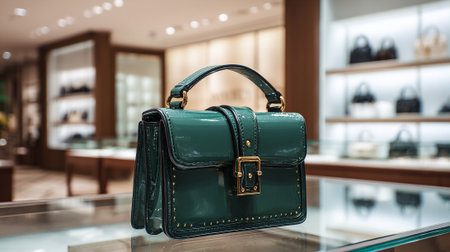 Emerald Green Patent Leather Handbag Displayed on Glass Shelf in Boutiqueの素材