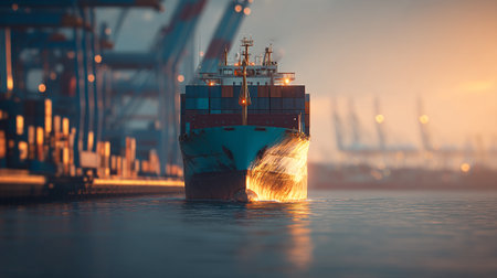 Container Ship Approaching Port with Glowing Light, Reflecting on the Waterの素材
