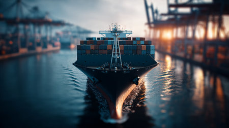 Container Ship Navigating Through Calm Waters Towards a Busy Industrial Portの素材
