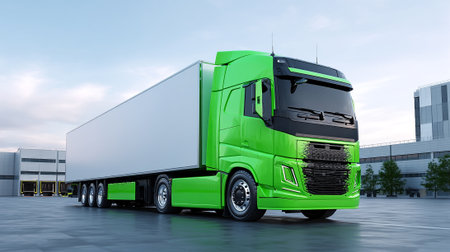 Green Semi-Truck with White Trailer Parked Outside Modern Distribution Center on Concreteの素材
