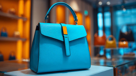 Elegant turquoise leather handbag with gold accent in luxury store display.の素材