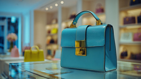 Elegant turquoise leather handbag with golden details showcased in luxury boutiqueの素材