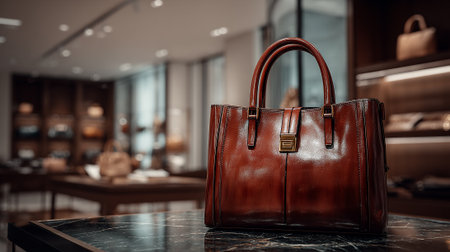 Exquisite leather handbag displayed in a luxury boutique environment with elegance.の素材