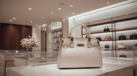 Elegant White Handbag Displayed in a Luxurious Boutique Setting with Soft Lightingの素材