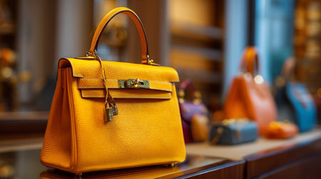 Luxurious Yellow Handbag Display: Elegant Fashion Accessories in a Boutique Settingの素材