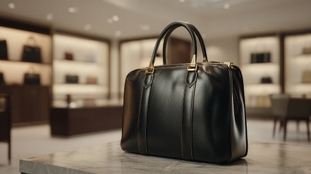 Elegant black leather handbag with gold accents on display in storeの素材