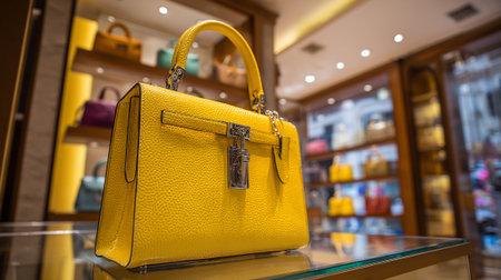 Elegant Yellow Leather Handbag on Display in a Luxury Boutique Storeの素材