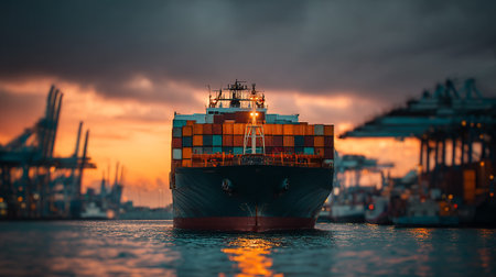 Cargo ship heading into port at sunset, an evocative maritime imageの素材