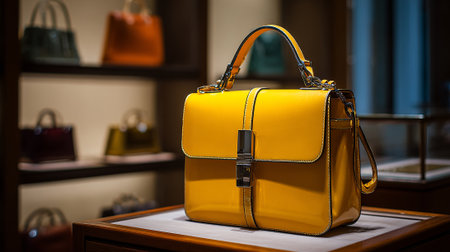 Elegant Yellow Handbag Displayed in Boutique with Assorted Bags on Shelvesの素材