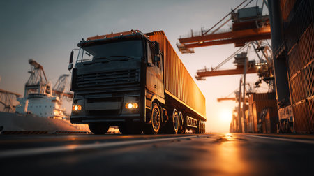Truck transporting container during sunset at a busy shipping portの素材
