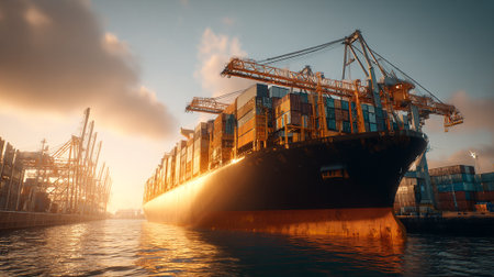 Expansive cargo ship loaded with containers in port at golden hour.の素材