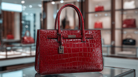 Red Alligator Embossed Handbag Displayed Prominently Inside Luxury Boutique Showcase Settingの素材
