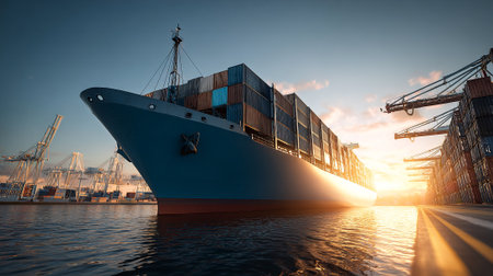 Large container ship at port at sunset, showcasing global trade and transportの素材