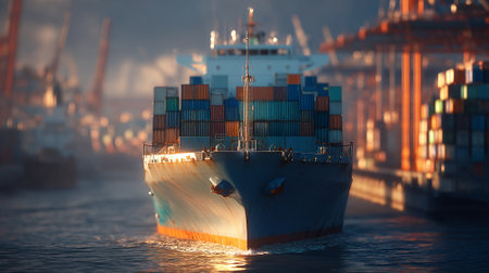 Massive cargo ship transports containers at a busy port with golden light.の素材