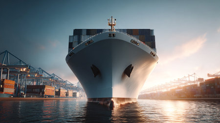 Massive container ship approaching the port terminal during a vibrant sunset.の素材