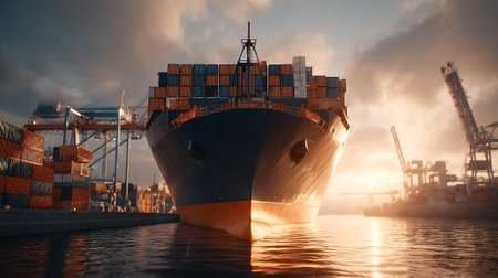 Massive container ship at port ready for global commerce and distribution.の素材