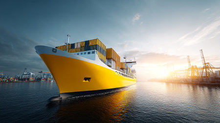 Bright Yellow Container Ship Approaching Port at Dawn Delivering Global Goodsの素材
