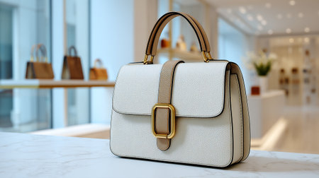 Elegant white leather handbag on a marble counter inside luxury boutiqueの素材