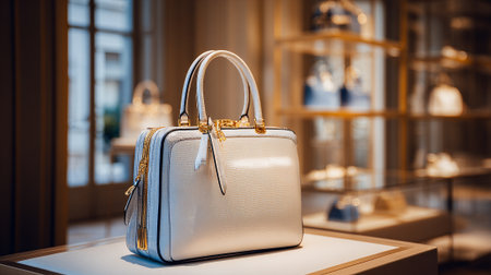 Elegant white leather handbag on display with blurred retail store backgroundの素材