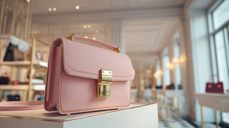 Luxurious Pink Leather Handbag Displayed Elegantly in a High-End Fashion Boutiqueの素材