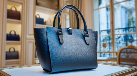 Elegant Black Leather Handbag Showcase with Boutique Display in Luxurious Interiorの素材
