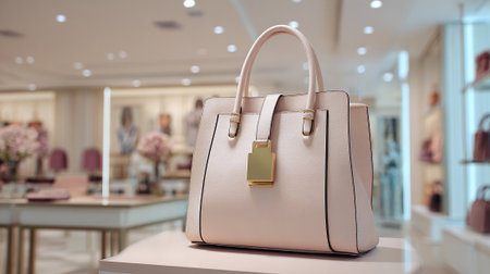 Luxurious Light Pink Leather Handbag Displayed in a Boutique with Subtle Background.の素材