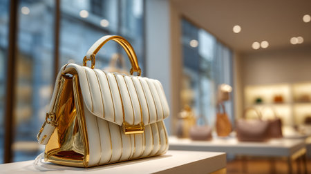Elegant White and Gold Handbag Displayed in a High-End Boutiqueの素材