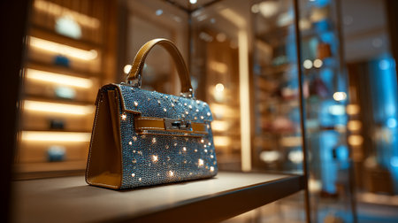 Sparkling Designer Handbag Displayed Elegantly on a Shelf in a Luxury Boutiqueの素材