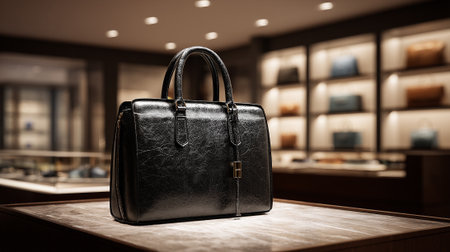 Elegant Black Leather Handbag Showcase in a Fashionable Boutique Settingの素材