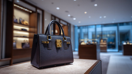 Stylish leather handbag displayed on a marble table inside a luxurious store.の素材