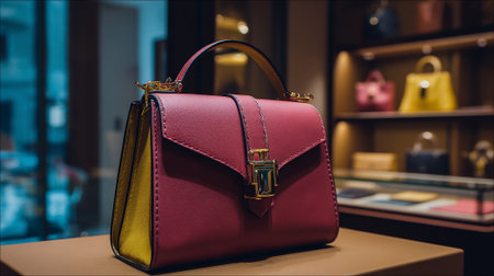 Stylish pink and yellow leather purse on display in a boutique store.の素材