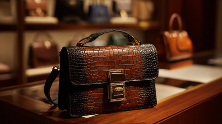Elegant crocodile leather handbag featuring golden hardware displayed on wooden shelfの素材
