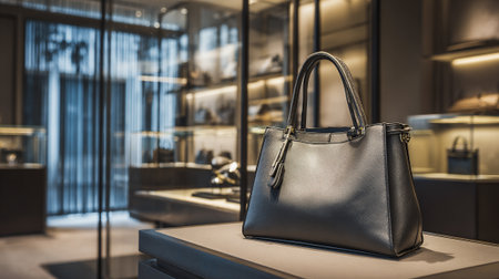 Elegant designer handbag on display inside luxury boutique showcasing craftsmanship and styleの素材