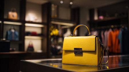 Elegant Yellow Handbag Displayed in Fashion Boutique Storefront Window, Ready to Buyの素材