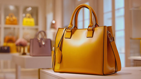 Stylish Mustard Yellow Handbag on Display in Upscale Boutique Storeの素材