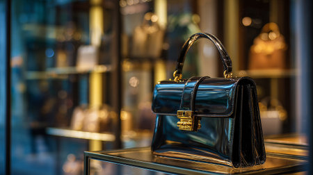 Elegant black patent leather handbag showcased in a luxury boutique windowの素材