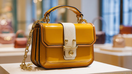 Luxurious Mustard-Colored Handbag Displayed with a Golden Chain and Textured Strapの素材