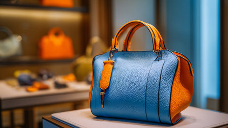 Stylish blue leather bag with orange accents displayed in retail settingの素材