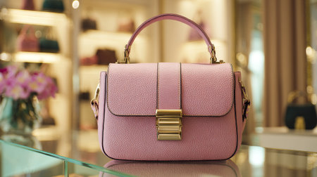 Elegant pink leather handbag with gold accents displayed in boutique shopの素材