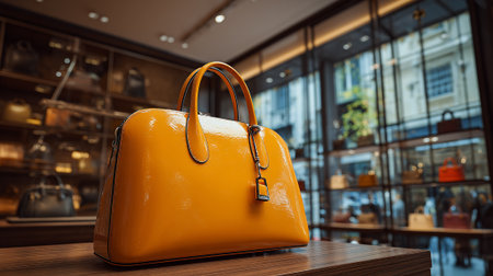 Eye-catching yellow handbag on wooden counter in upscale boutique with display caseの素材