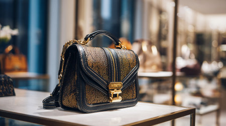 Elegant Designer Handbag Showcase: Black and Gold Leather Satchel with Golden Accentsの素材