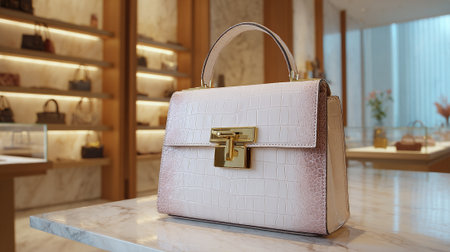 Elegant Designer Handbag Displayed on Marble Countertop in Luxury Boutique Interiorの素材