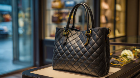 Elegant black leather quilted handbag displayed on a counter in a boutiqueの素材