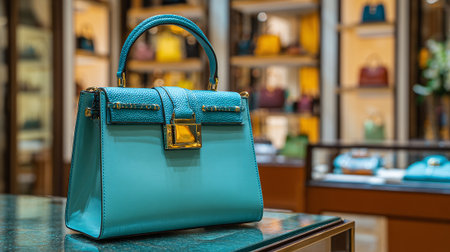 Elegant Turquoise Handbag Displayed in a Luxurious Boutique with Many Fashion Itemsの素材