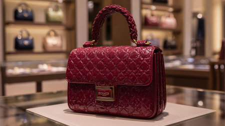 Stylish Quilted Maroon Handbag Displayed with Elegant Handle and Luxury Accessoriesの素材