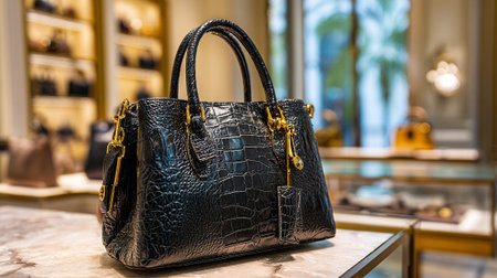 Elegant Black Alligator Leather Handbag with Gold Accents in Boutique Settingの素材