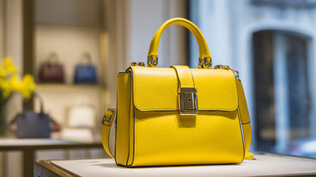Luxurious Yellow Leather Handbag on Display at an Elegant Fashion Storeの素材