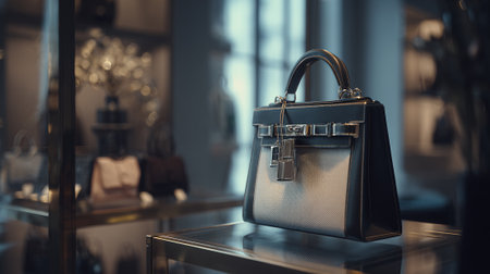 Stylish luxury handbag displayed on a glass shelf in a boutique store.の素材