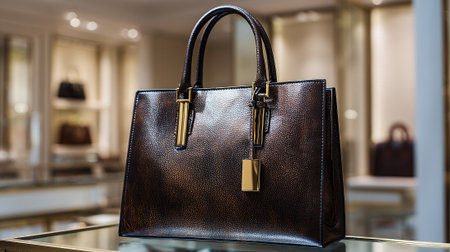 Luxurious Brown Leather Handbag with Gold Hardware Displayed in a Boutique Settingの素材